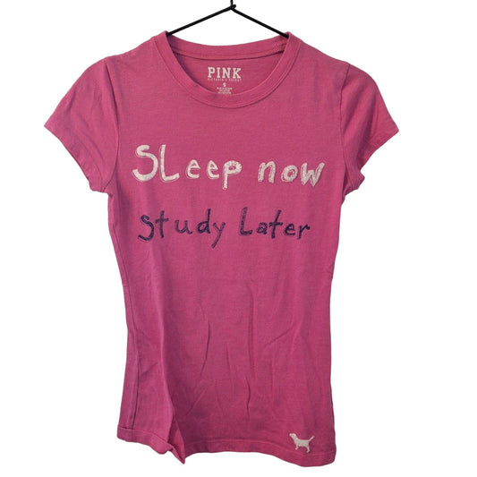 VTG Pink by Victorias Secret Sz S T Shirt Sleep Now Study Later Bright Pink