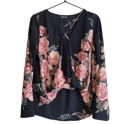 Fab'Rik Womens Sz M Black and Pink Oversized Blouse Floral