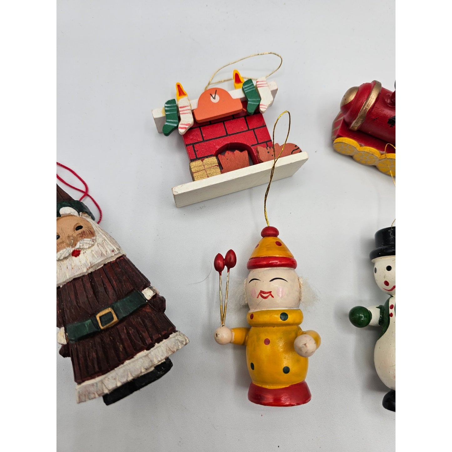 Lot of 5 Vintage Hand Painted Wooden Christas Ornaments  Santa Train Snowman
