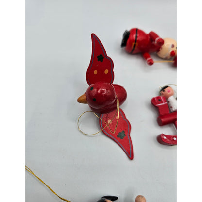 Lot of 5 Vintage Hand Painted Wooden Christas Ornaments Bird Rocking Horse Santa