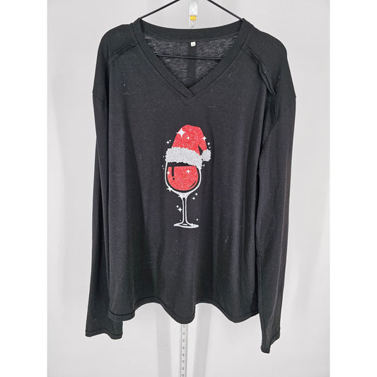 Womens Sz 2XL Long Sleeve V Neck T Shirt Christmas Santa Hat Wine Glass