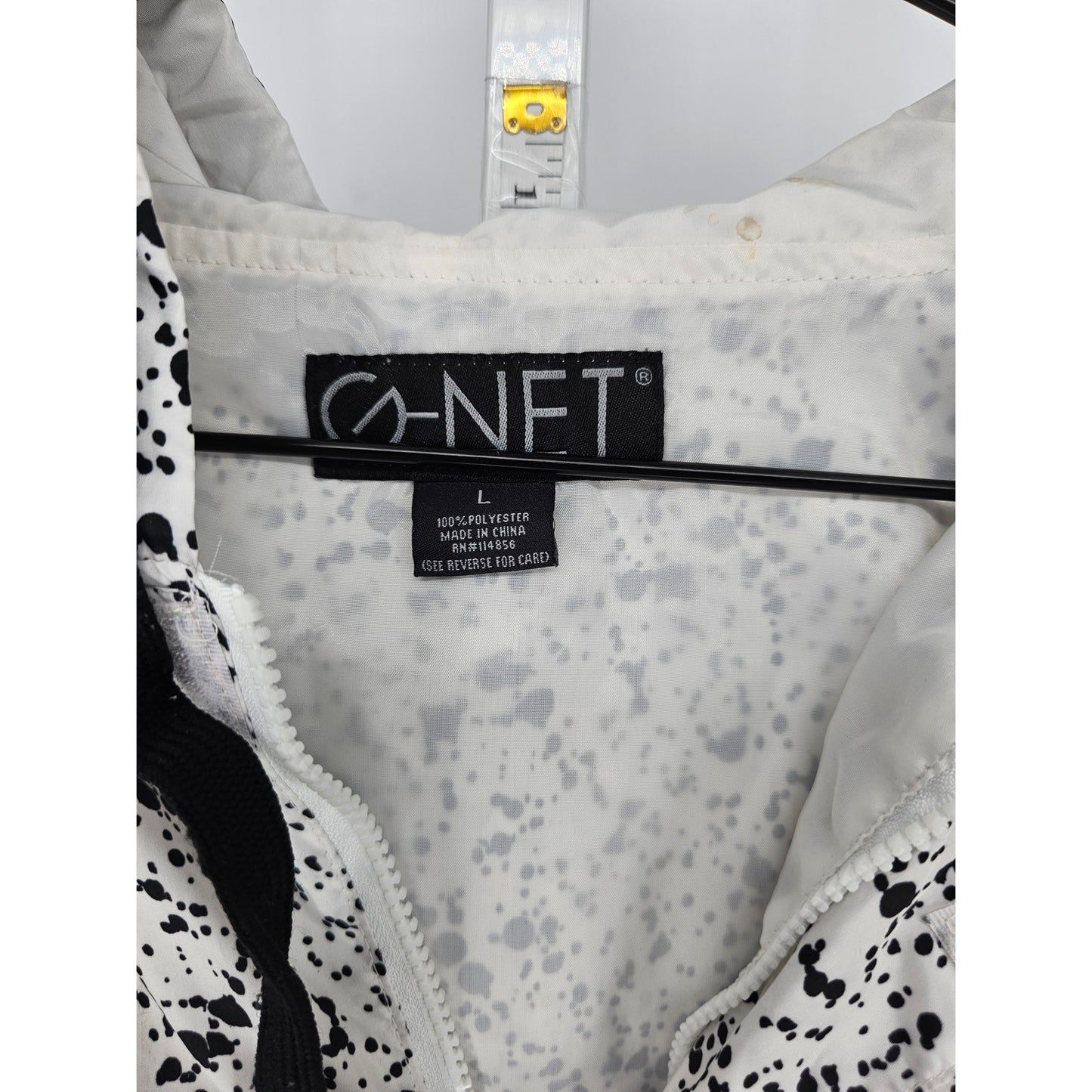 G-Net Mens Sz L Pullover Windbreaker Jacket Hooded Black White Spatter Print