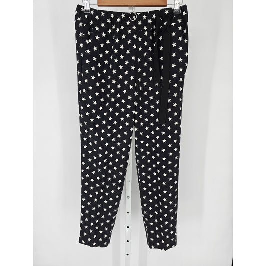 J Crew Womens Sz 2 Pull On Dress Pants Black White Star Print Tie Side