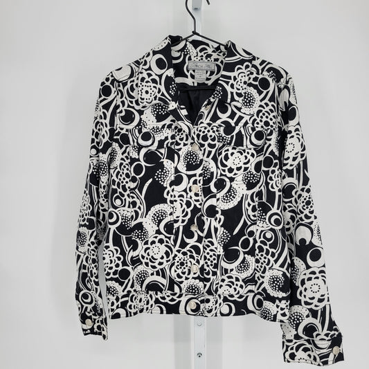 Birch Hill Womens Sz M 100% Linen Button Up Jacket Black White Floral