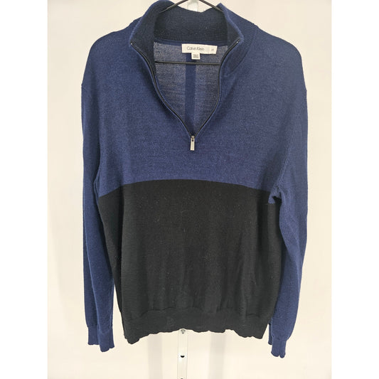 Calvin Klein Mens Sz L Wool Blend 1/4 Zip Sweater Black Blue Color Block