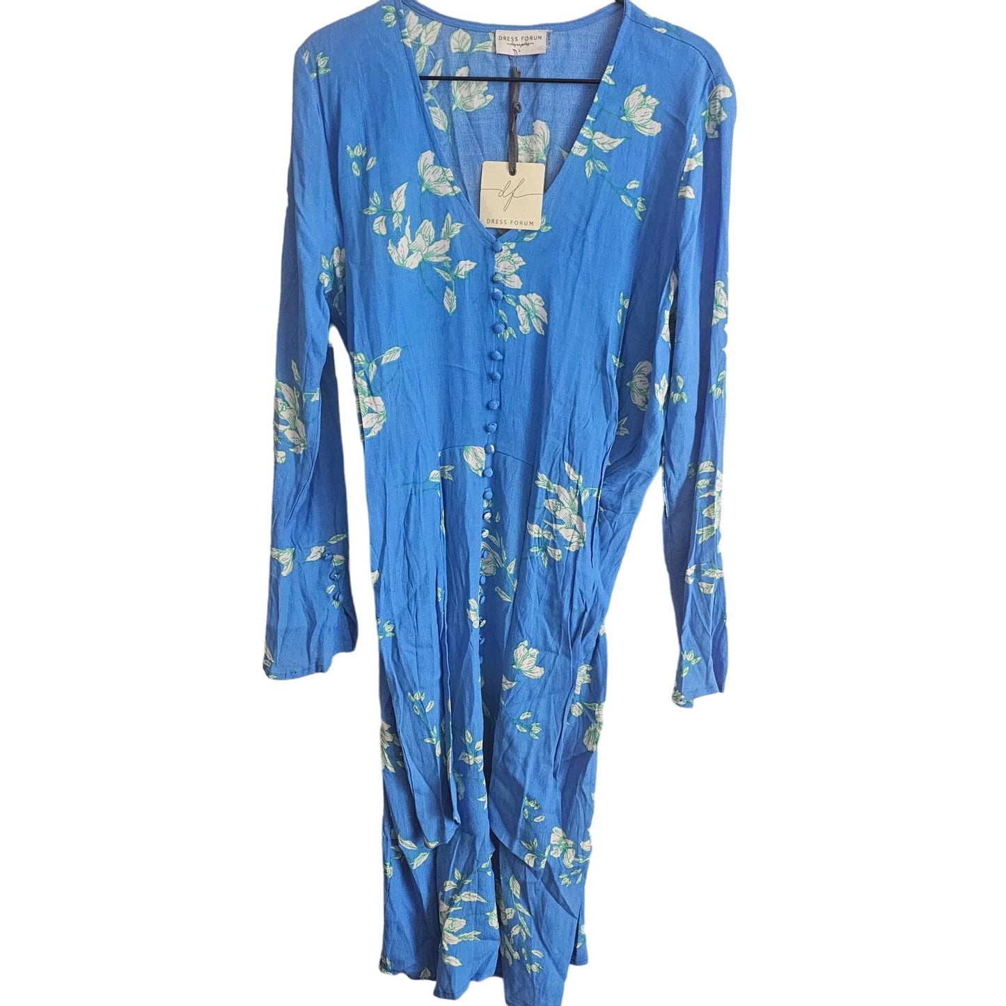 Dress Forum Los Angeles Womens Sz L Long Sleeve Midi Dress Blue Floral NEW