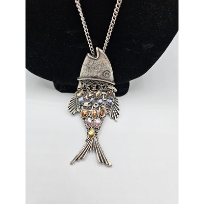 Vintage Fish Pendant Style Necklace Silver Tone Chain Inlay Stones