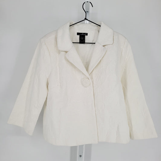 Willi Smith Womens Sz L Single Button Blazer Jacket White Flower Textured Formal