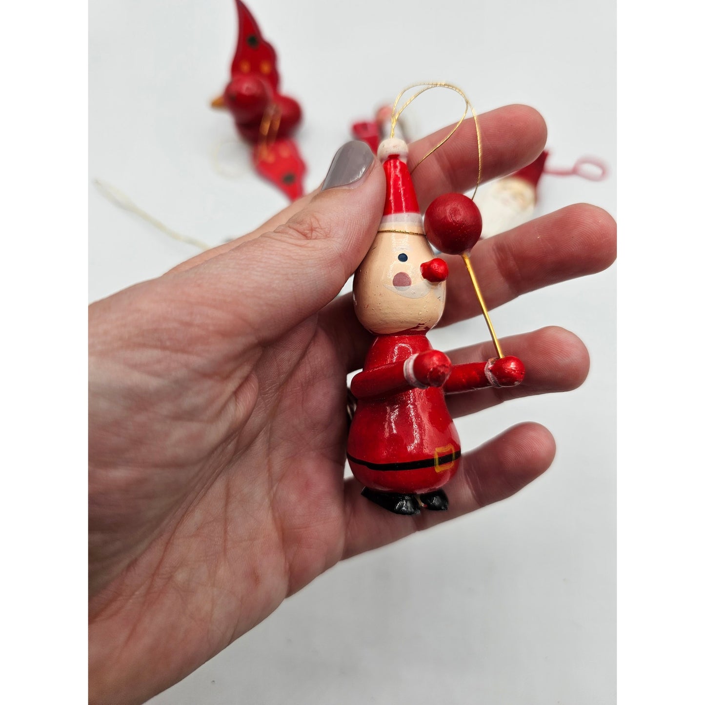 Lot of 5 Vintage Hand Painted Wooden Christas Ornaments Bird Rocking Horse Santa