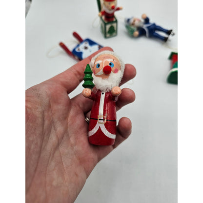 Lot of 5 Vintage Hand Painted Wooden Christas Ornaments Santa Jack in the Box