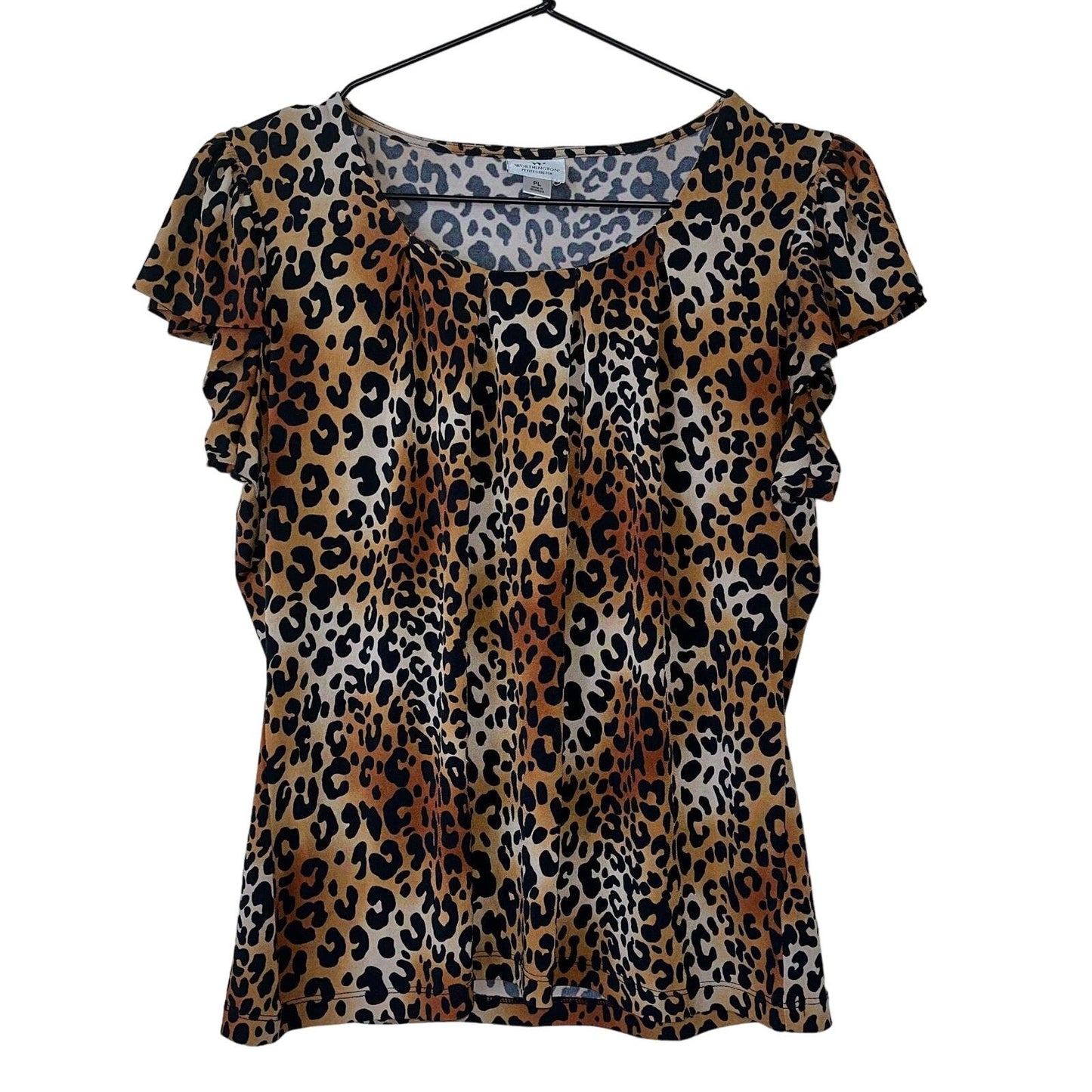 Worthington Petite PL Short Sleeve Animal Print Blouse Cheetah Leopard