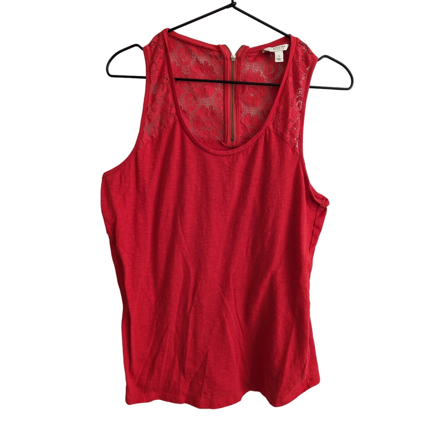 Sonoma womens Sz L Sleeveless Top Red Lace Trim Zip Back