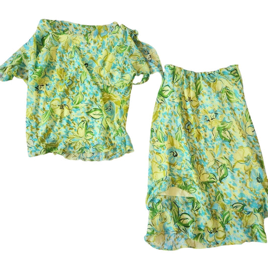 Vintage Y2K Studio I Womens Sz 14W Skirt Blouse Set Bright Green Floral