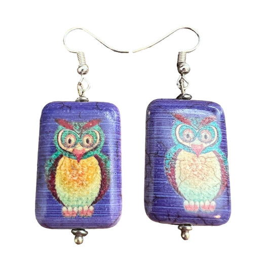 Vintage Glass Handcrafted Owl Earrings Purple