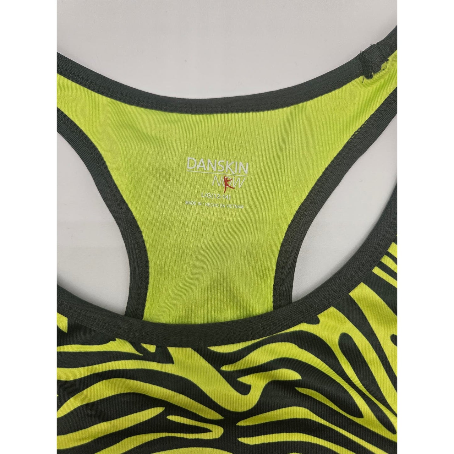 Danskin Now Womens Sz L Racerback Sports Bra Black Bright Green Zebra Print