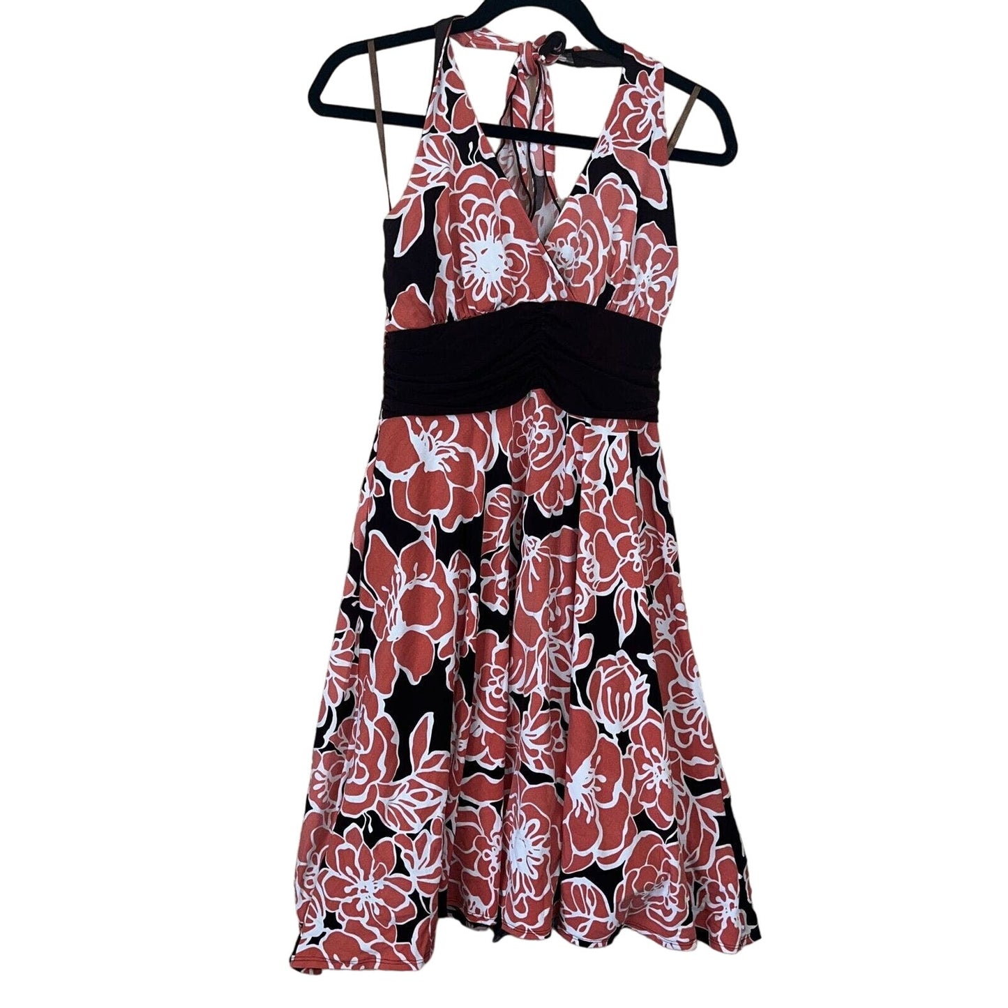 En Focus Studio Womens Sz 8 Halter Dress Knee Length Orange Brown Floral