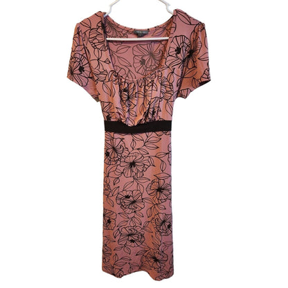 Vintage Apt 9 womens Sz S Midi Dress Pink Brown Floral Short Sleeve