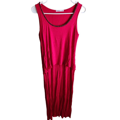 Femme by Tresics Sz M Maxi Dress Bright Pink Beaded Neckline Jersey Knit