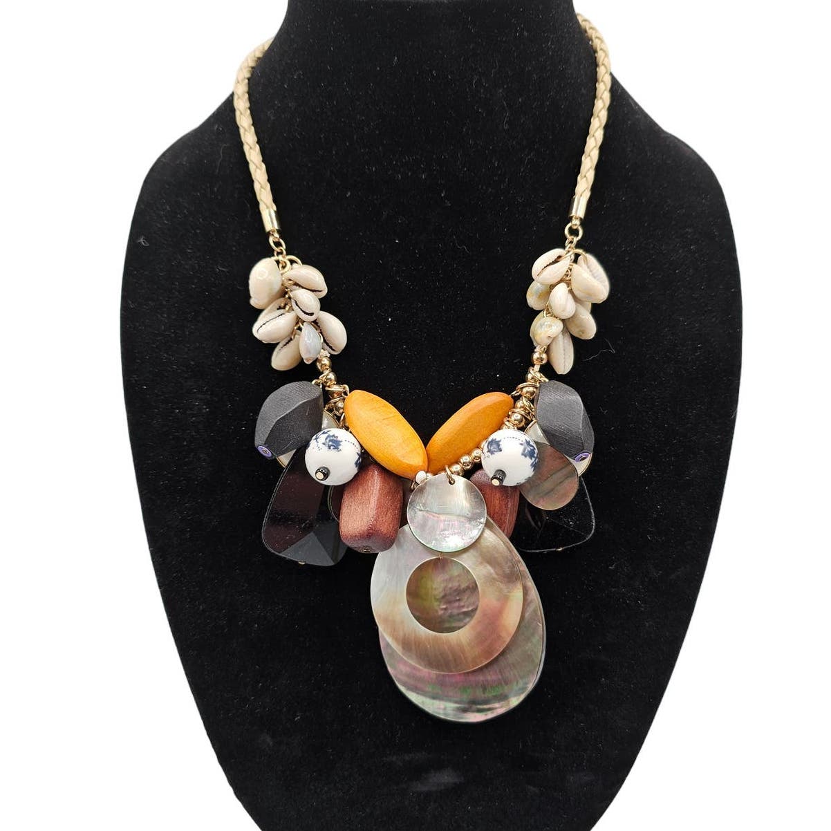 Vintage 1970s Statement Piece Necklace Mixed Media Mother of Pearl Shells