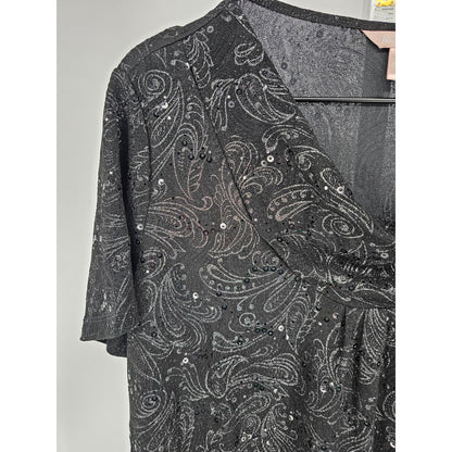 White Stag Womens Sz L Short Sleeve Blouse Black Glitter Paisley Print Formal