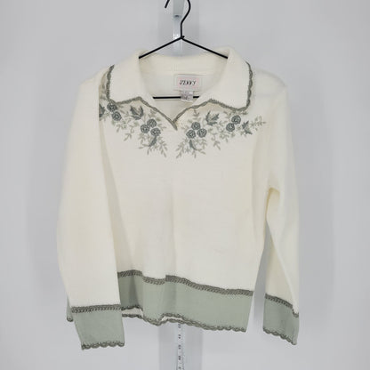 Jenny Womens Sz M Collared Knit Sweater White Sage Green Floral Vintage 1990s