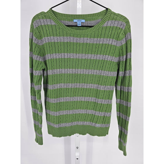 Izod Womens Sz M 100% Cotton Lightweight Sweater Gray Green Striped Cableknit