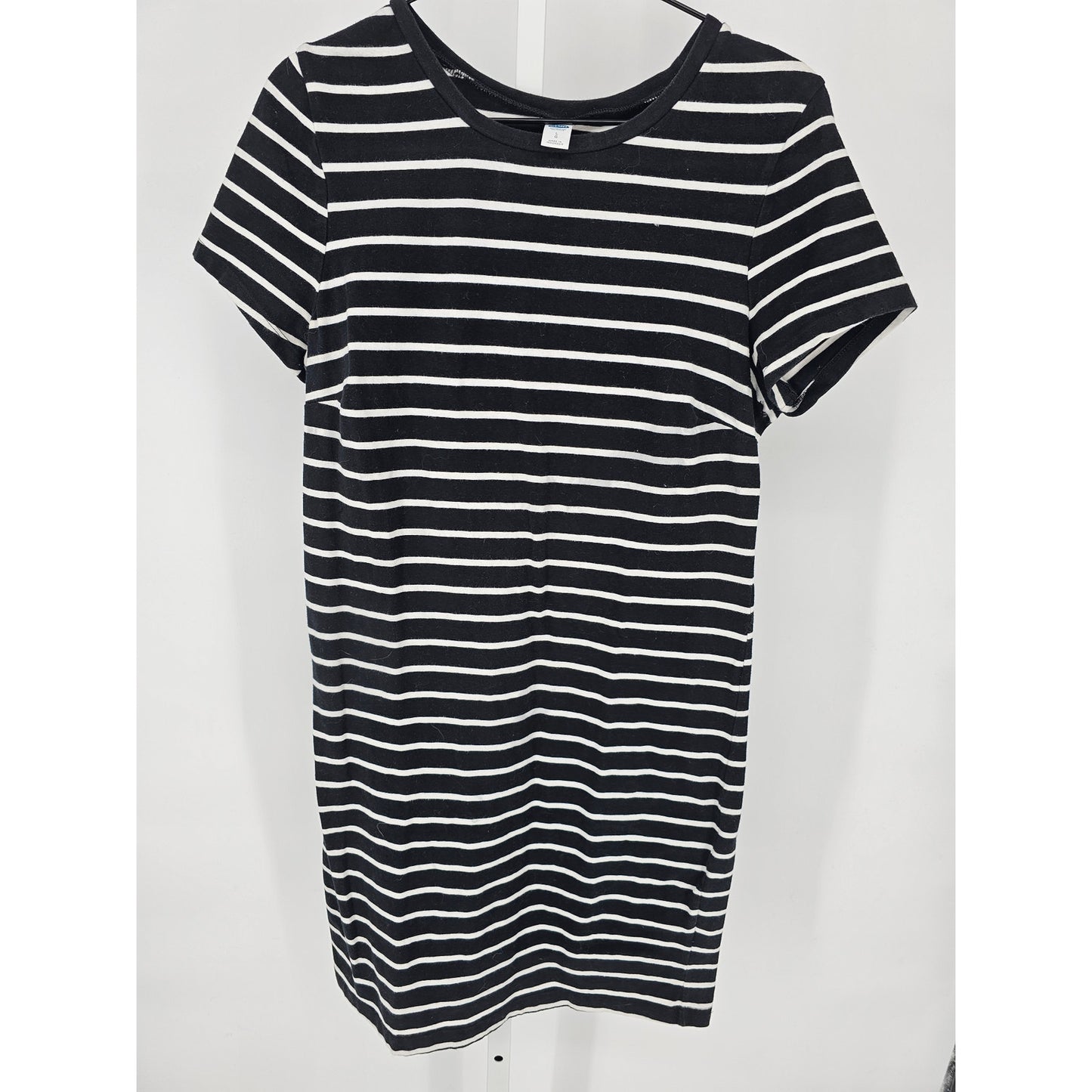 Old Navy Womens Sz L Knee Length Shirt Dress Short Sleeve Black White Striped