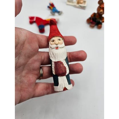 Lot of 5 Vintage Hand Painted Wooden Christas Ornaments Horse Santa Teddy Bear