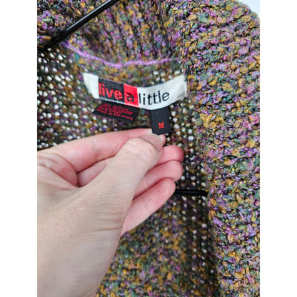 Live a Little Womens Sz M Knee Length Belted Tweed Cardigan Sweater Colorful