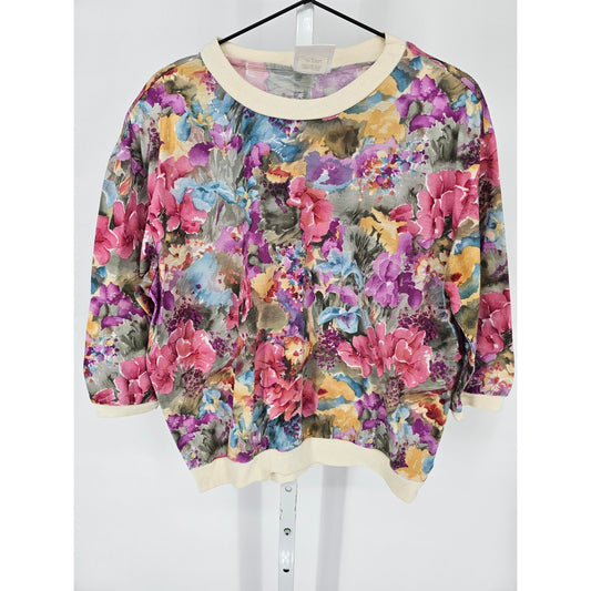 Vtg Sabrina Allyn Womens Sz M Crew Neck Sweatshirt Bright Floral 3/4 Sleeve