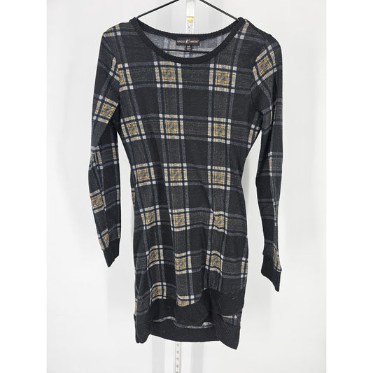 Almost Famous Womens M Knee Length Long Sleeve Fitted Dress Black Yellow Plaid