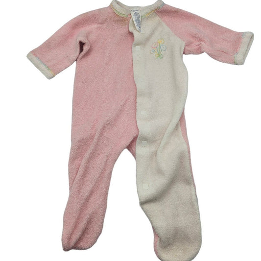 Vintage 1990s Gerber Baby Girls Sz 0-3M Terrycloth Pajama Pink White One Piece