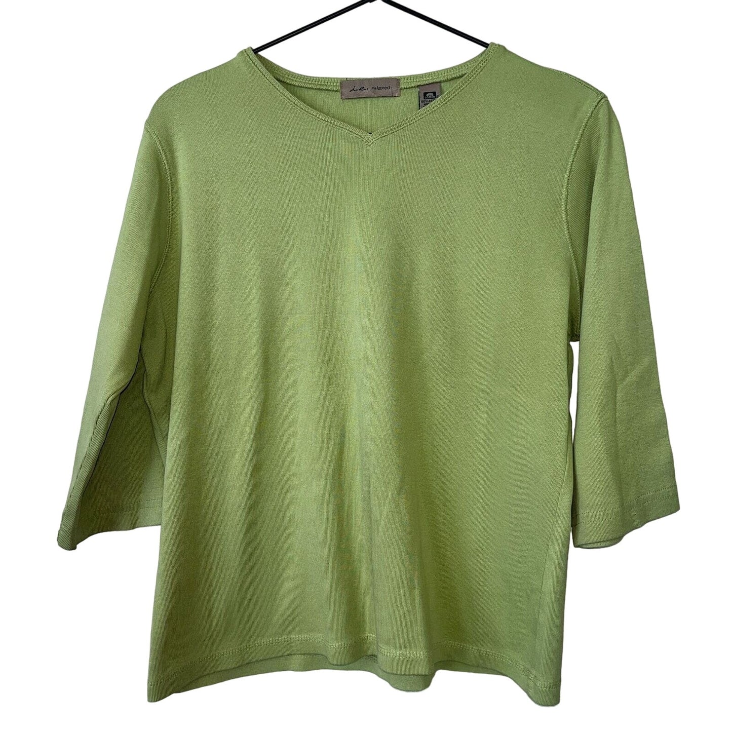 IE Relaxed Womens Sz L 100% Cotton 3/4 Sleeve Green Blouse Shirt