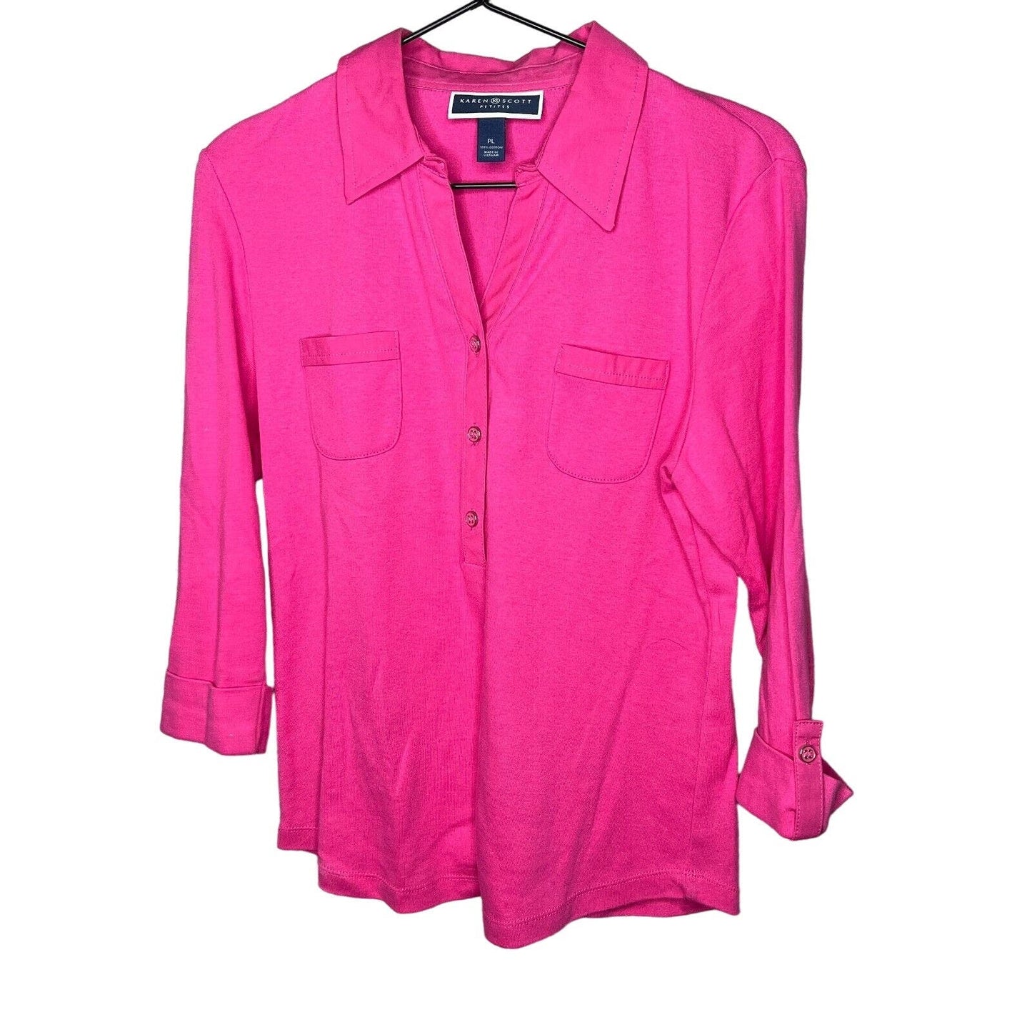 Karen Scott Petites Womens Sz PL Fuchsia Pink Tab Sleeve Long Sleeve Shirt