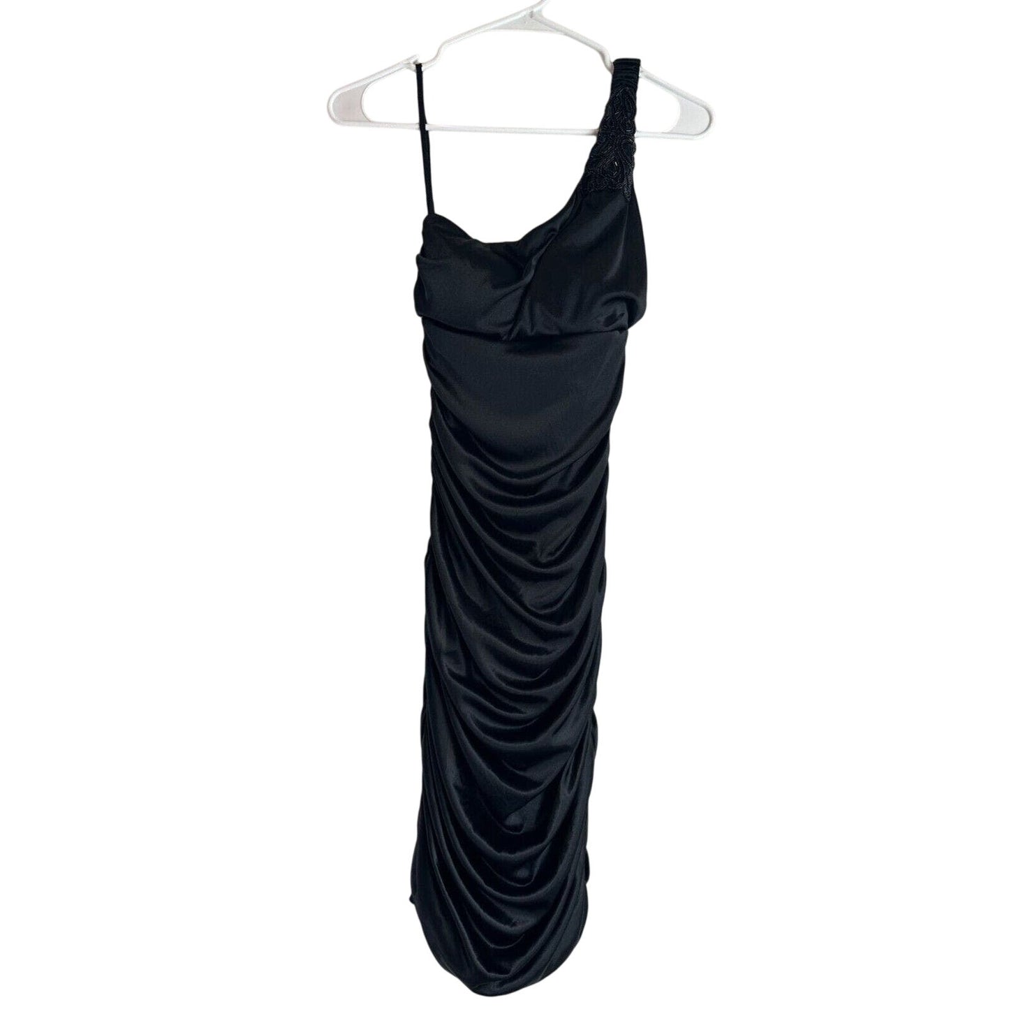 Vintage Y2K Ruby Rox Womens Sz S One Shoulder Dress Black Satin Knee Length