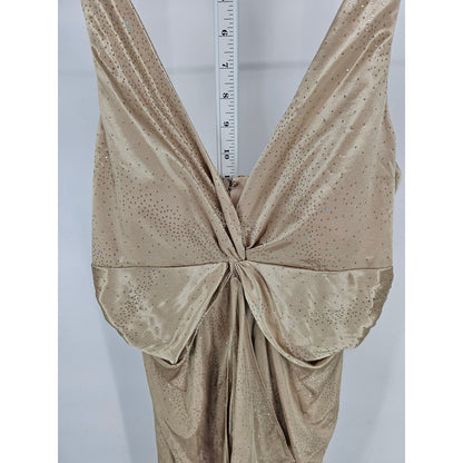 Vintage Y2K Onyx Nite Womens Sz 14 Maxi Length Formal Dress Beige Satin Glitter