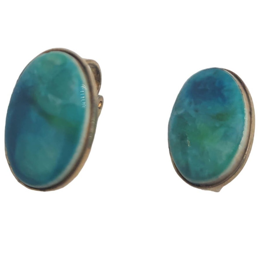 Vintage BARCS Silver TONE Amber Orange Glass CABOCHON Clip ON Earrings