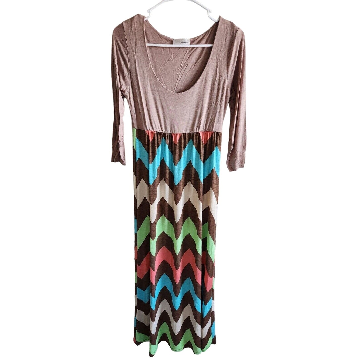 Lillie Avenue Womens Sz M Maxi Shirt Dress Long Sleeve Brown Rainbow Chevron