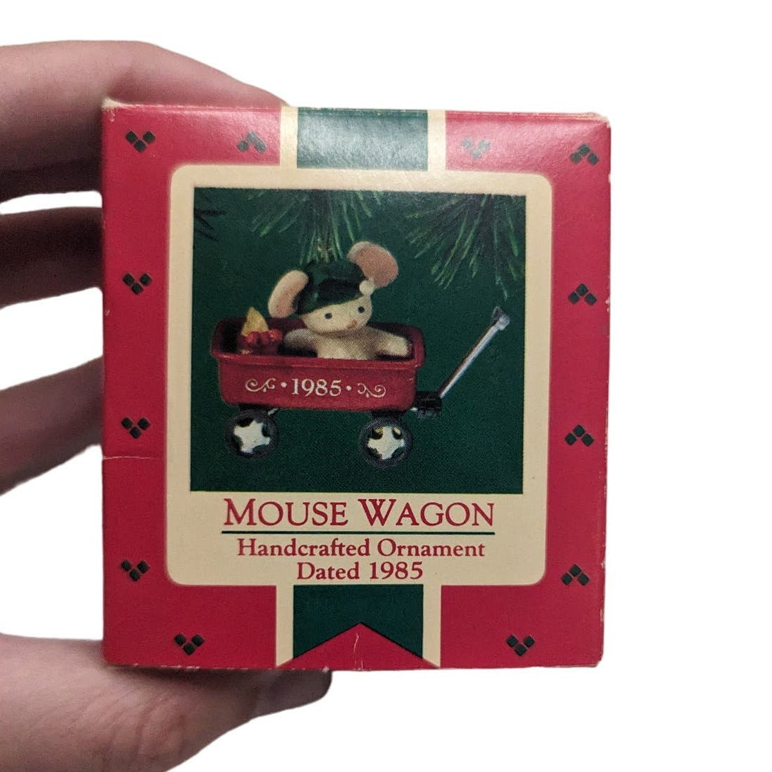 Vintage 1985 Hallmark Christmas Ornament Mouse Red Wagon