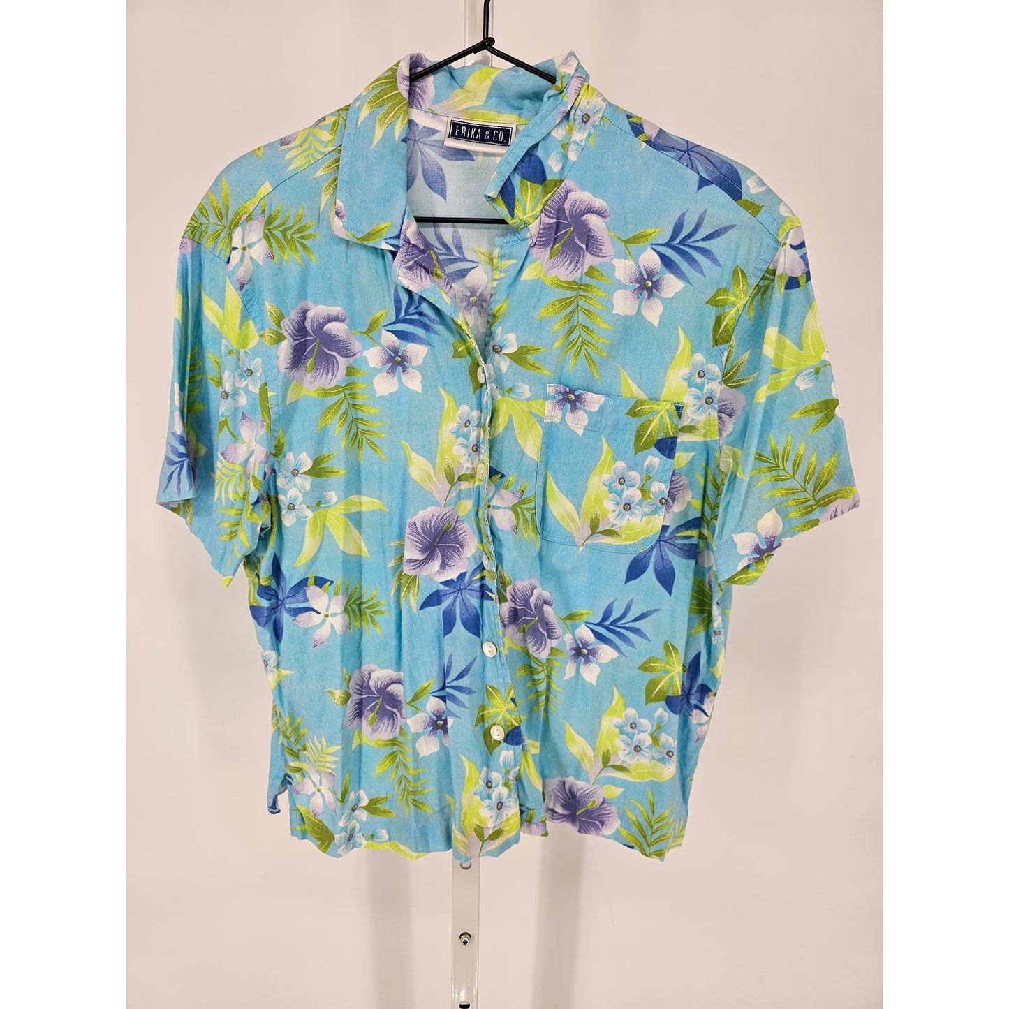 Erika & Co Womens Sz M Short Sleeve Button Up Floral Shirt Bright Hawaiian