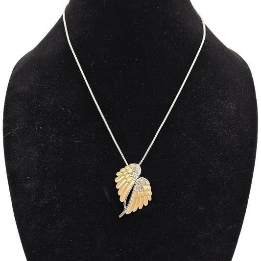 Vintage Y2K Pendant Necklace Silver Tone Gold Bird Wings Rhinestone Detail