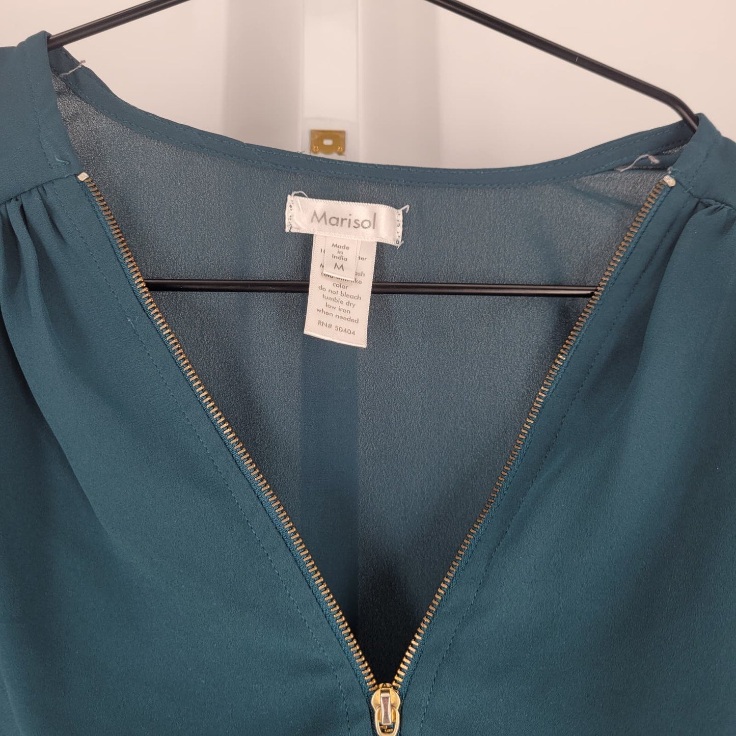 Mirasol Womens Sz M 3/4 Sleeve Dark Teal Blue Blouse Zip Front Flowy