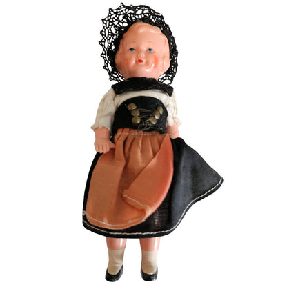 Vintage 5" Celluloid Plastic German Souvenir Doll Black Gold Dress 1960s