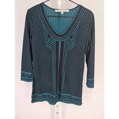 Max Studio Womens Sz XS Long Sleeve Knit Blouse Teal Black Scoop Neck