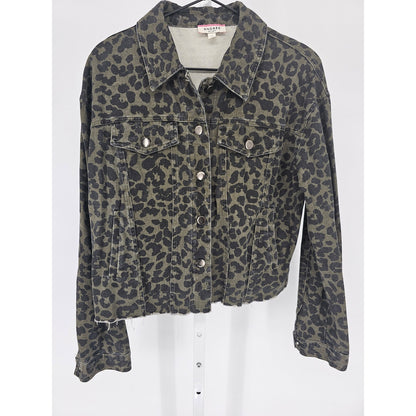 Andree by Unit Womens Sz M Raw Hem Denim Jacket Green Leopard Print