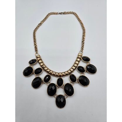 Vintage 1990s Bib Collar Style Necklace Gold Tone Black Rhinestones