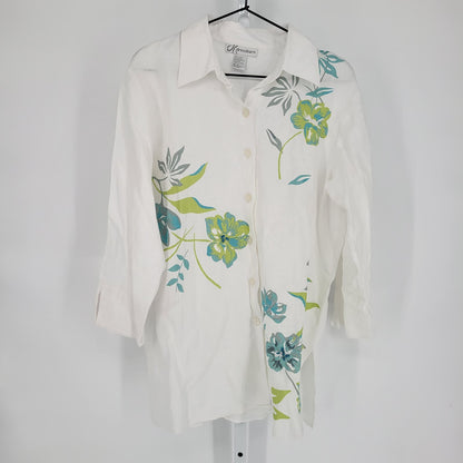 Dressbarn Womens Sz 8 100% Linen Button Up Tunic Top White Floral