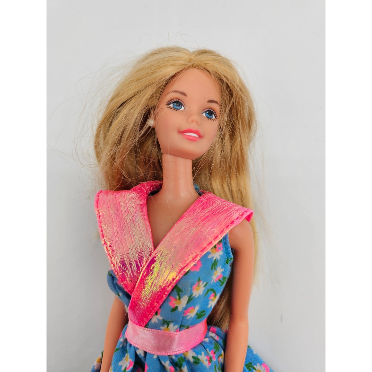 1990s Mattel Barbie Doll Wearing Happy Birthday Dress Pink Blue Floral