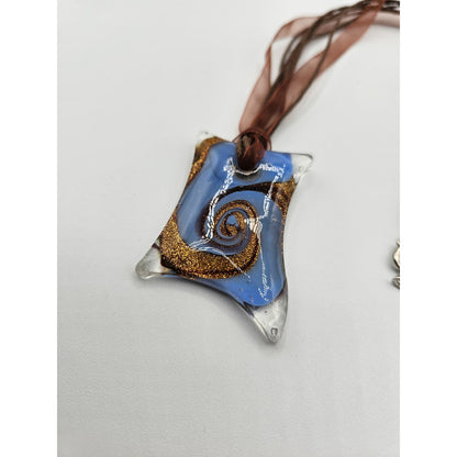 Vintage Art to Wear Glass Pendant Necklace Blue Gold Swirl Ribbon Strand