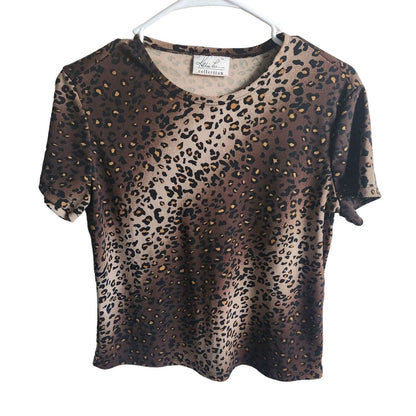 Vintage Kathie Lee Collection Womens Sz L Short Sleeve Leopard Print Blouse